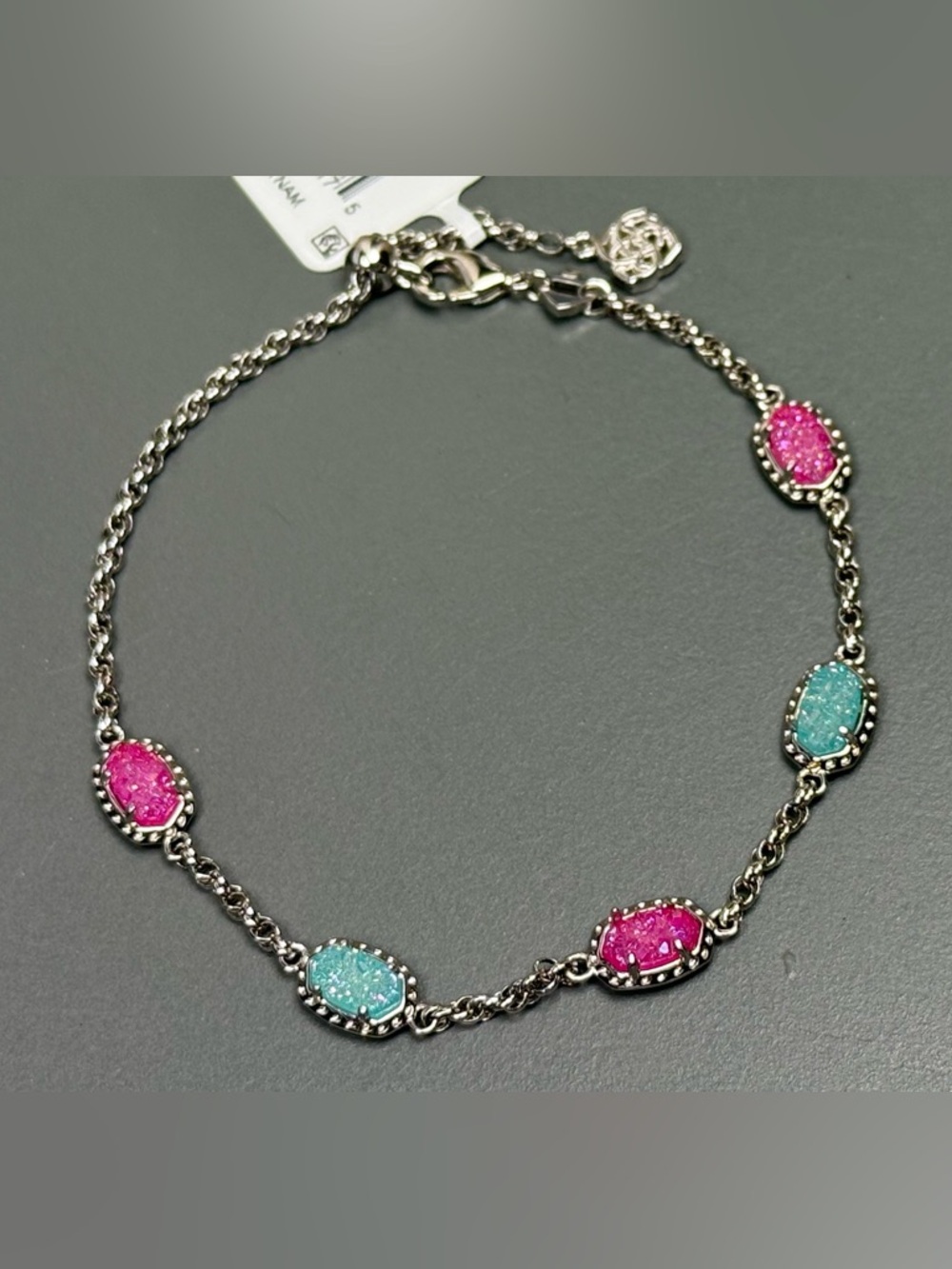 Kendra Scott Emilie Silver Strand Bracelet in Hot Pink Drusy and Aqua Drusy